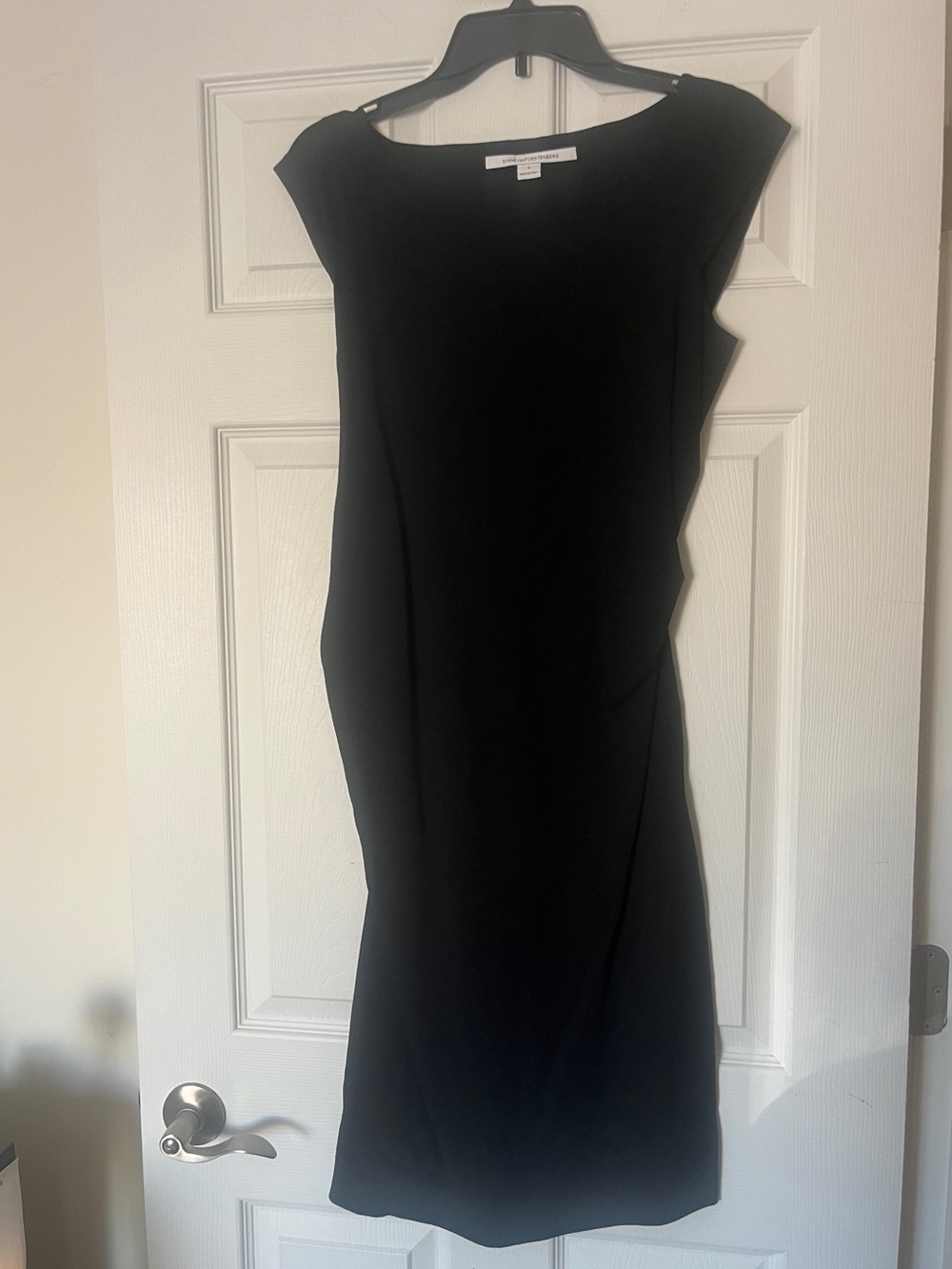 DVF Gabi Black Ruched Mini Sheath Dress Size 4 Bateau Neck LBD